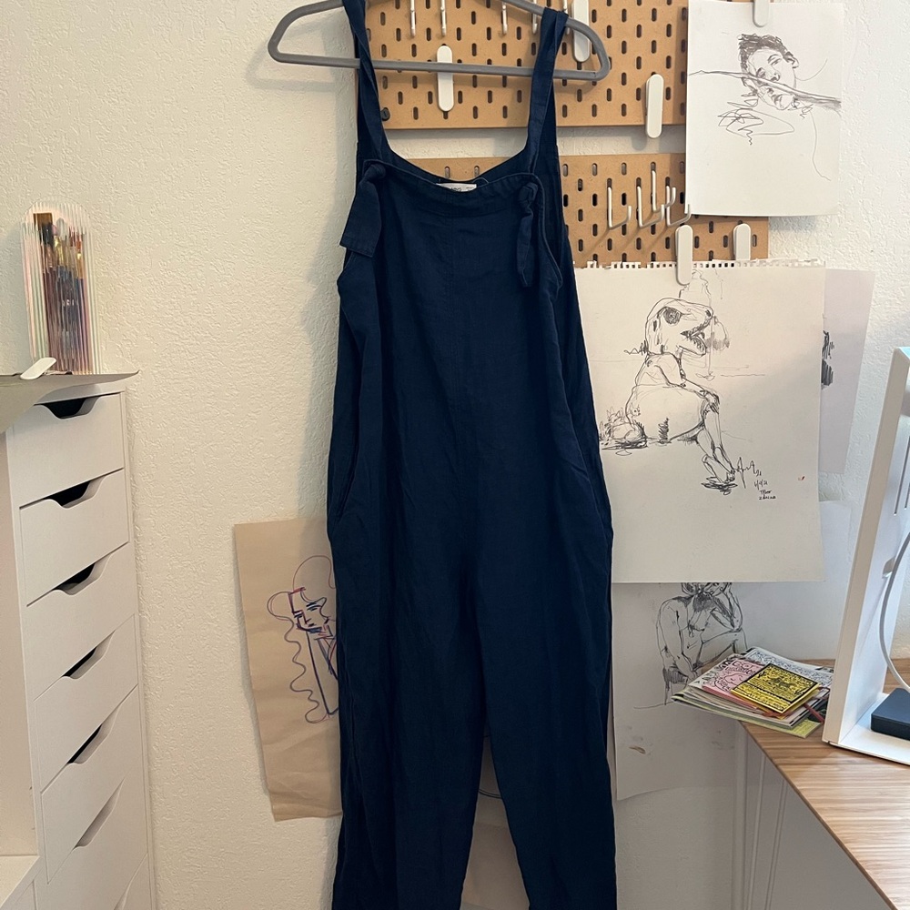 Mango Navy Blue Linen Overalls
